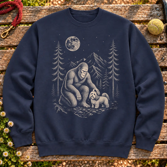 Havanese Bigfoot Petting on a Navy crewneck sweatshirt, shown flat