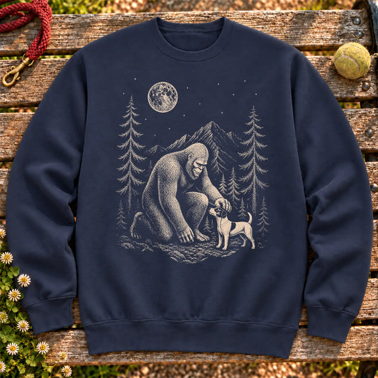 Jack Russell Bigfoot Petting on a Navy crewneck sweatshirt, shown flat