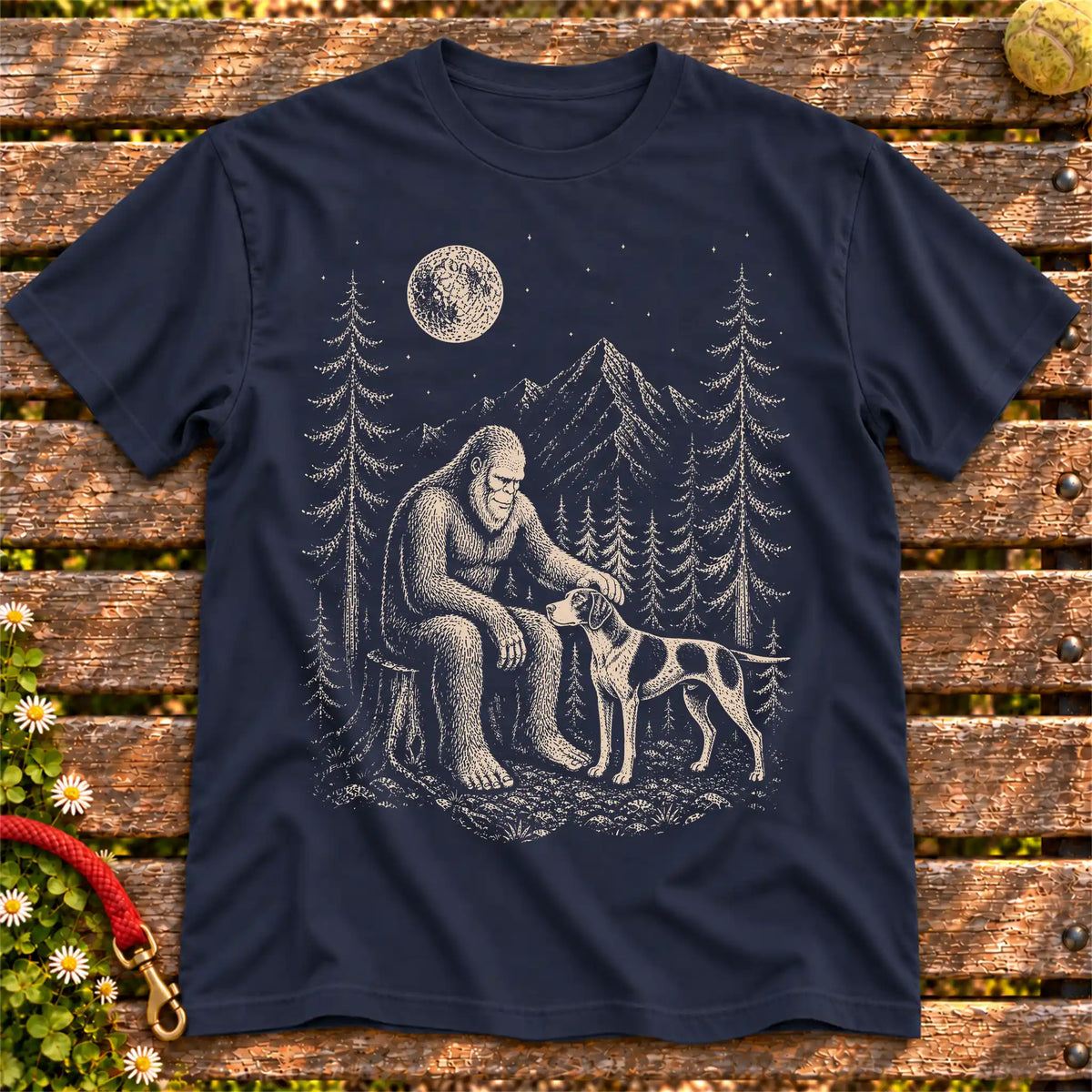 Pointer Bigfoot Petting on a Navy T-shirt, shown flat