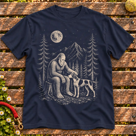 Pointer Bigfoot Petting on a Navy T-shirt, shown flat