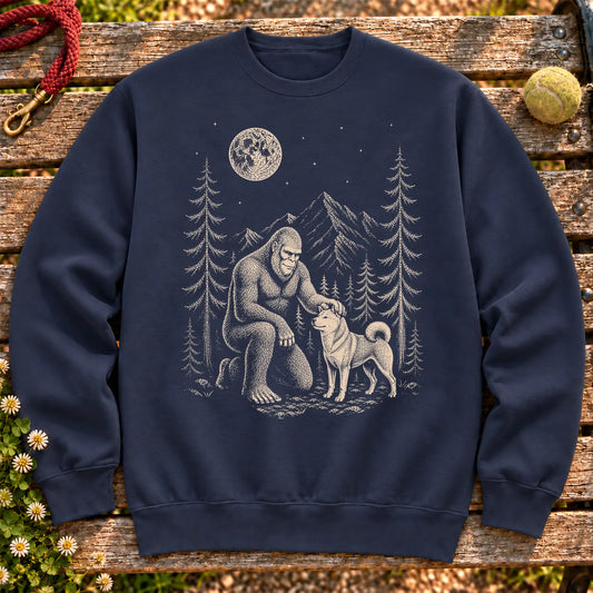 Shiba Inu Bigfoot Petting on a Navy crewneck sweatshirt, shown flat
