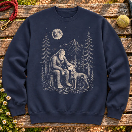 Vizsla Bigfoot Petting on a Navy crewneck sweatshirt, shown flat