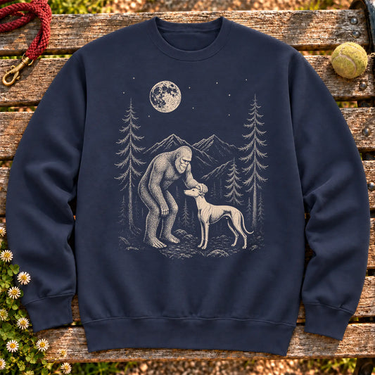 Whippet Bigfoot Petting on a Navy crewneck sweatshirt, shown flat
