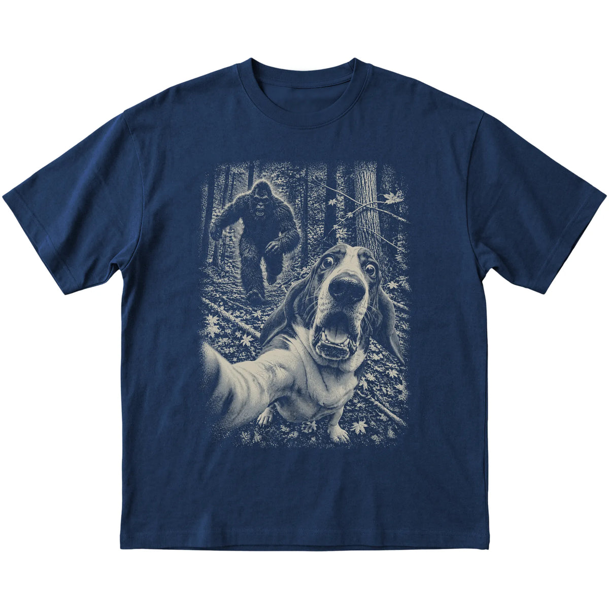 Navy Basset Hound Bigfoot selfie T-shirt, full garment view