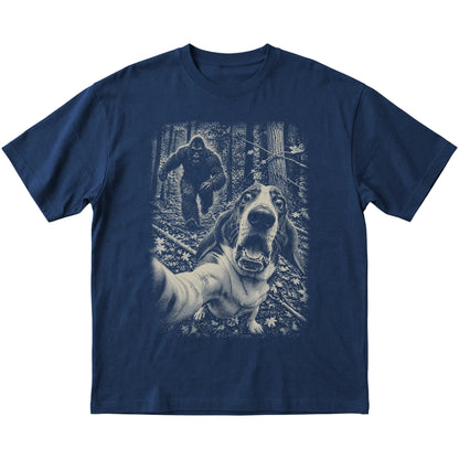 Navy Basset Hound Bigfoot selfie T-shirt, full garment view