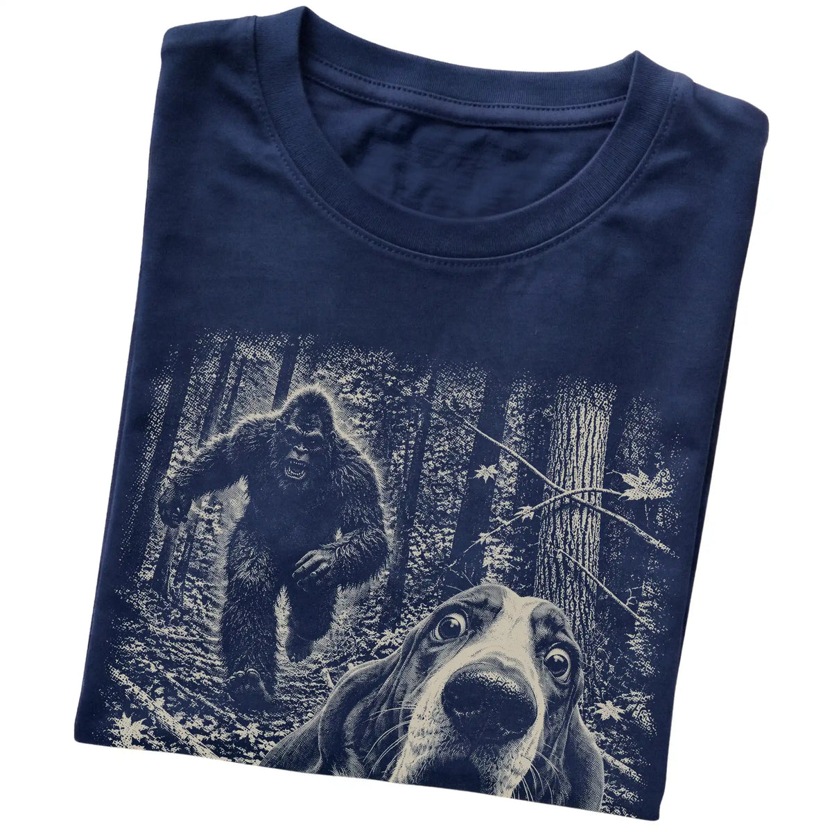 Navy Basset Hound Bigfoot selfie T-shirt, close-up view