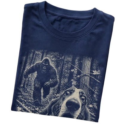 Navy Basset Hound Bigfoot selfie T-shirt, close-up view
