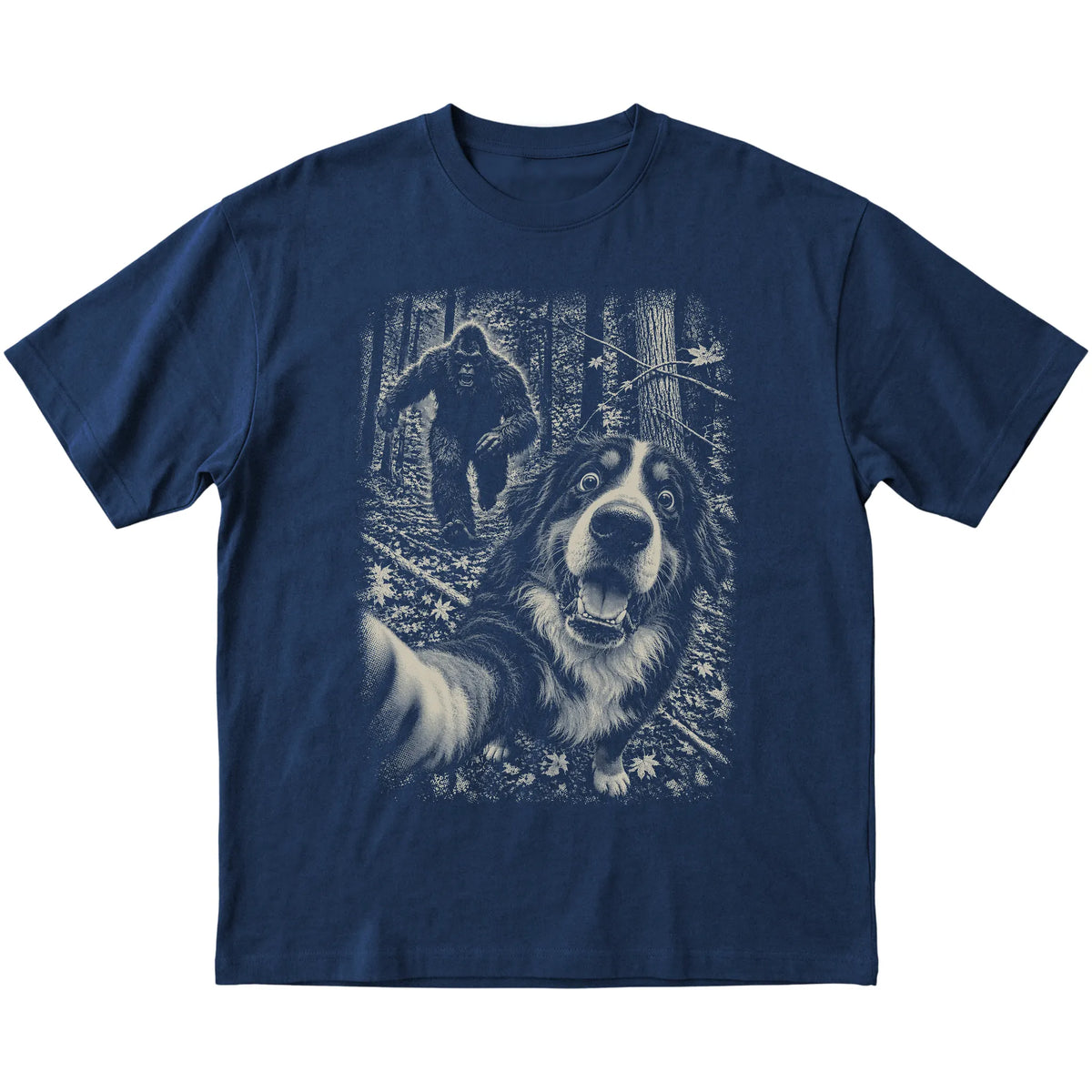 Navy Bernese Mountain Dog Bigfoot selfie T-shirt, full garment view