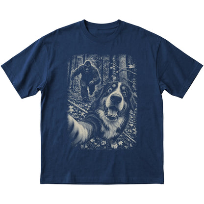 Navy Bernese Mountain Dog Bigfoot selfie T-shirt, full garment view