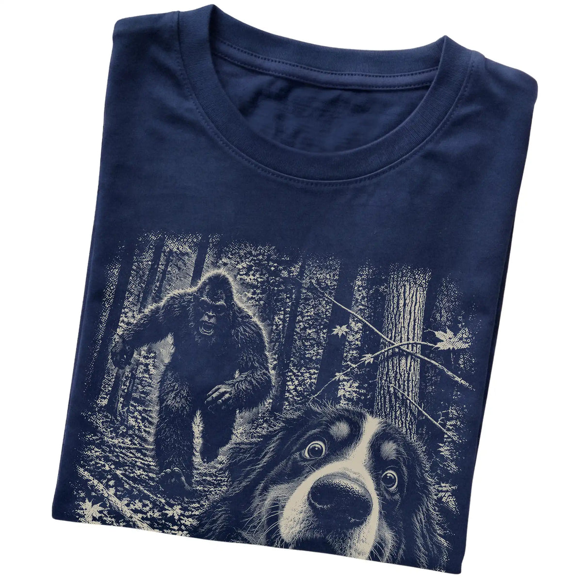 Navy Bernese Mountain Dog Bigfoot selfie T-shirt, close-up view
