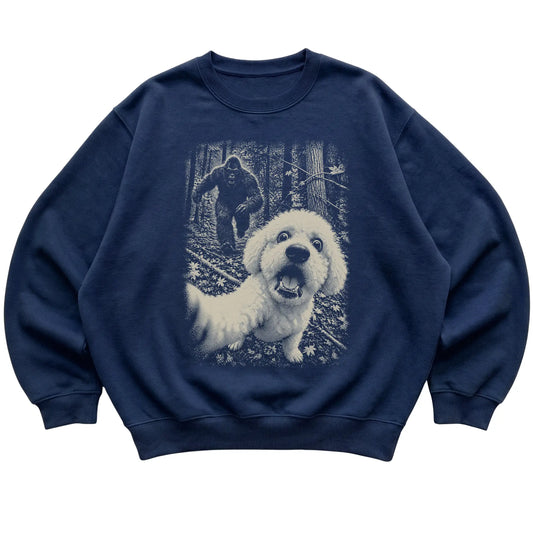 Navy Bichon Frise Bigfoot selfie sweatshirt, full garment view