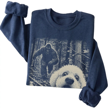 Navy Bichon Frise Bigfoot selfie sweatshirt, close-up view