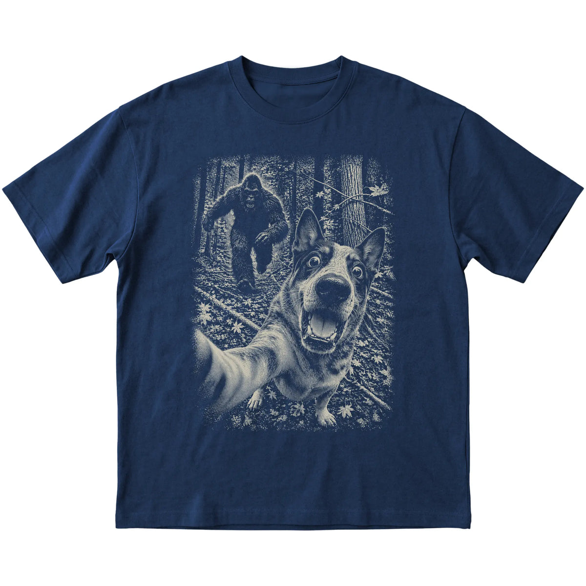 Navy Blue Heeler Bigfoot selfie T-shirt, full garment view
