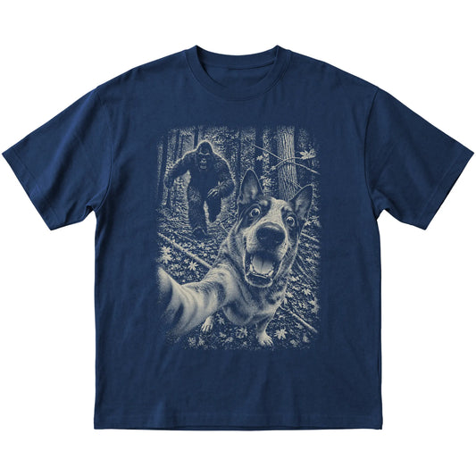 Navy Blue Heeler Bigfoot selfie T-shirt, full garment view