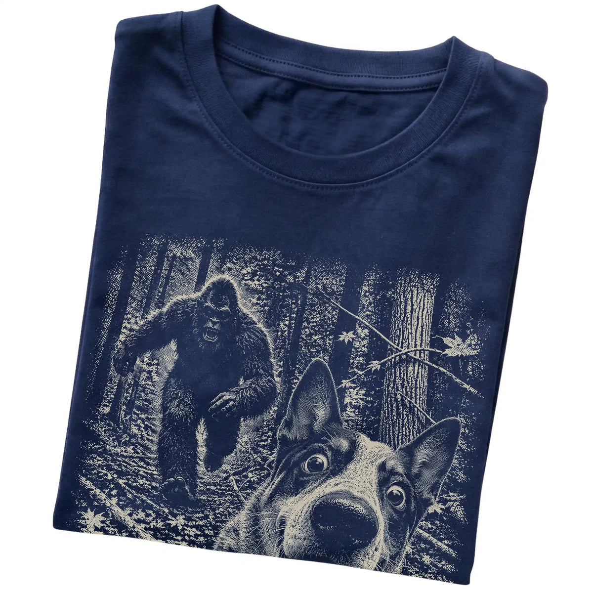 Navy Blue Heeler Bigfoot selfie T-shirt, close-up view