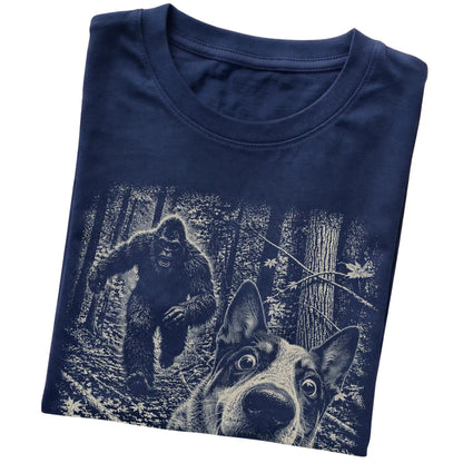 Navy Blue Heeler Bigfoot selfie T-shirt, close-up view
