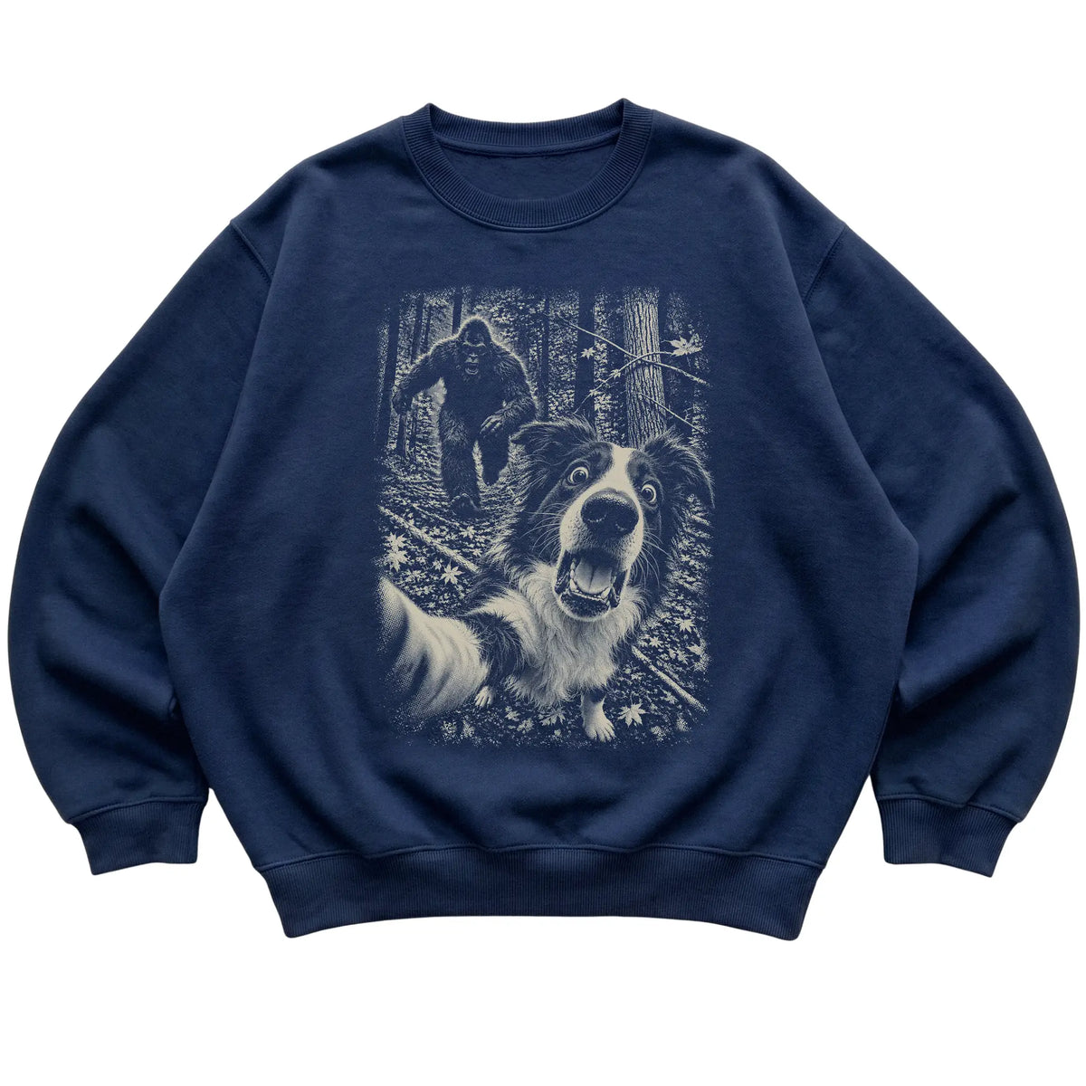 Navy Border Collie Bigfoot selfie sweatshirt, full garment view