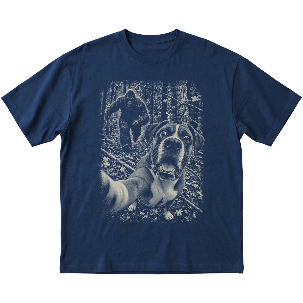 Navy Boxer Bigfoot selfie T-shirt, full garment view