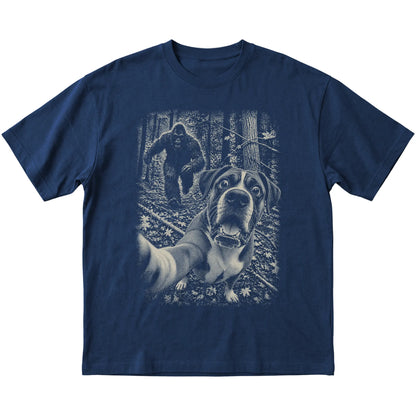 Navy Boxer Bigfoot selfie T-shirt, full garment view