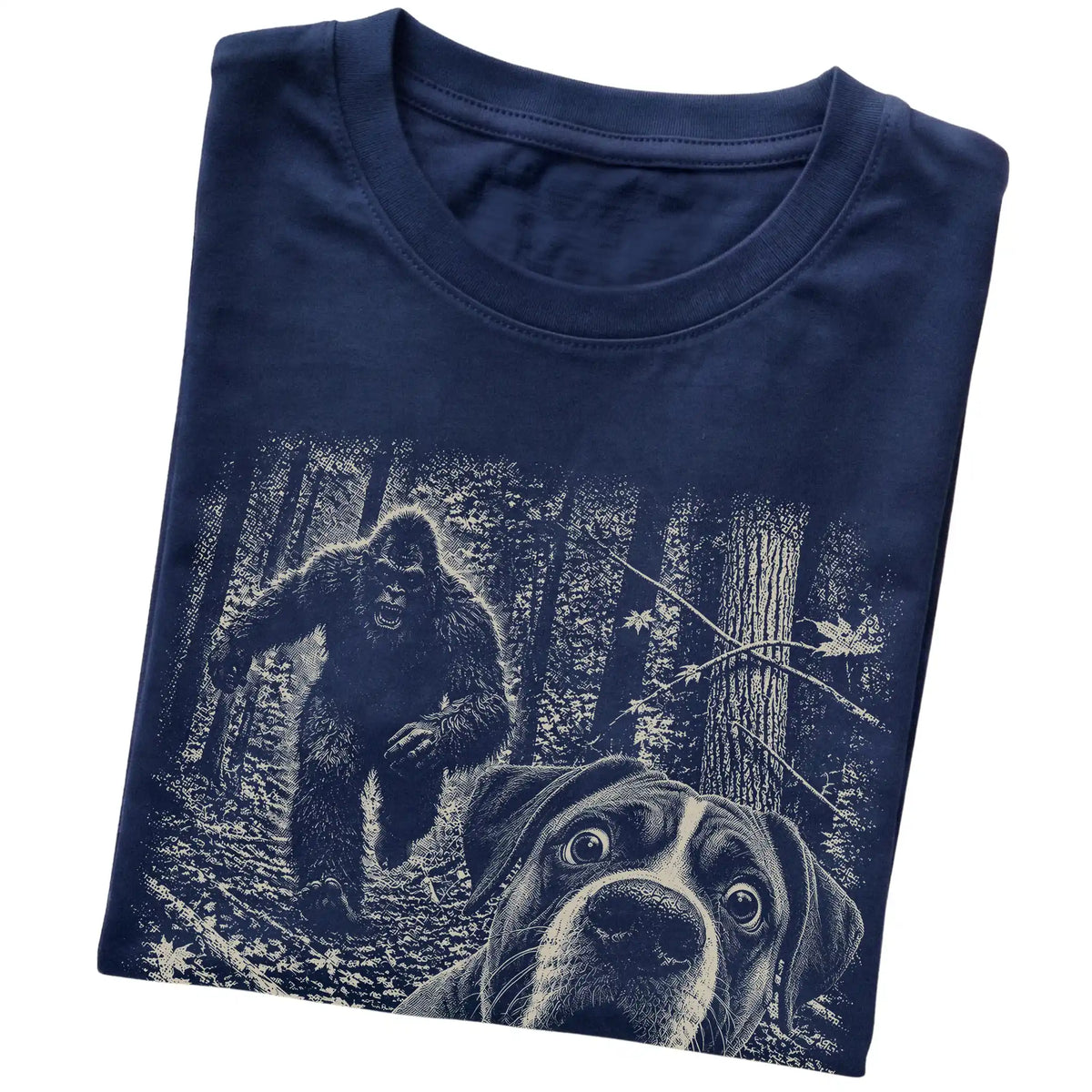Navy Boxer Bigfoot selfie T-shirt, close-up view