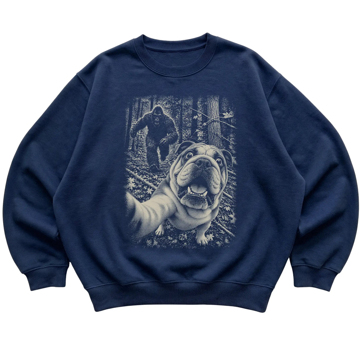 Navy English Bulldog Bigfoot selfie sweatshirt, full garment view