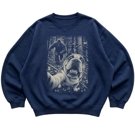 Navy English Bulldog Bigfoot selfie sweatshirt, full garment view