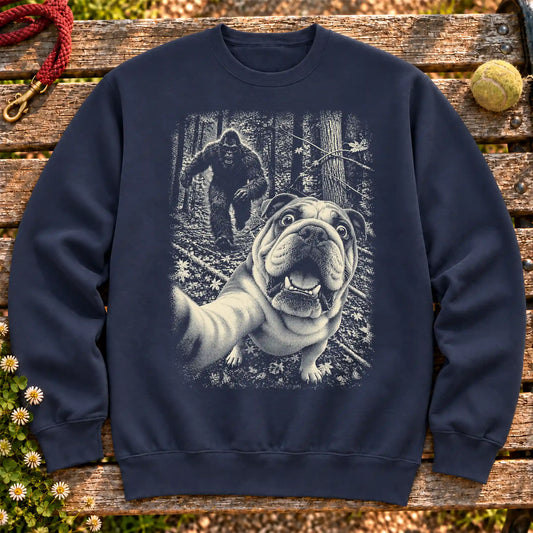 English Bulldog Bigfoot Selfie design on a Navy crewneck sweatshirt shown flat