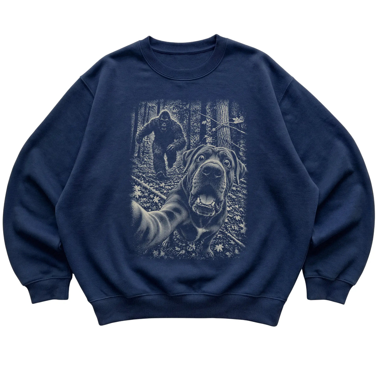 Navy Cane Corso Bigfoot selfie sweatshirt, full garment view