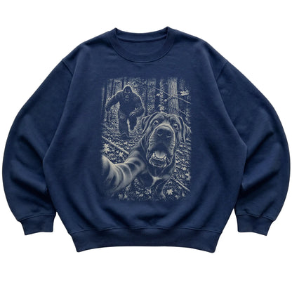 Navy Cane Corso Bigfoot selfie sweatshirt, full garment view