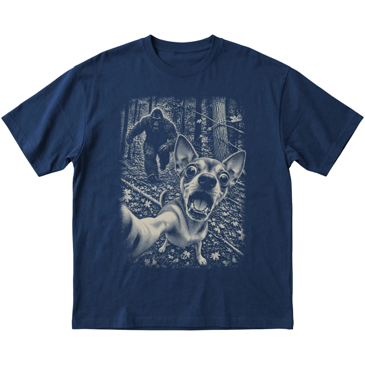 Navy Chihuahua Bigfoot selfie T-shirt, full garment view