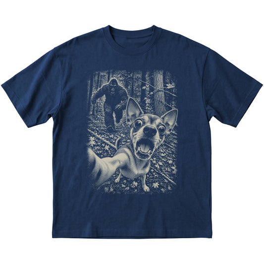 Navy Chihuahua Bigfoot selfie T-shirt, full garment view