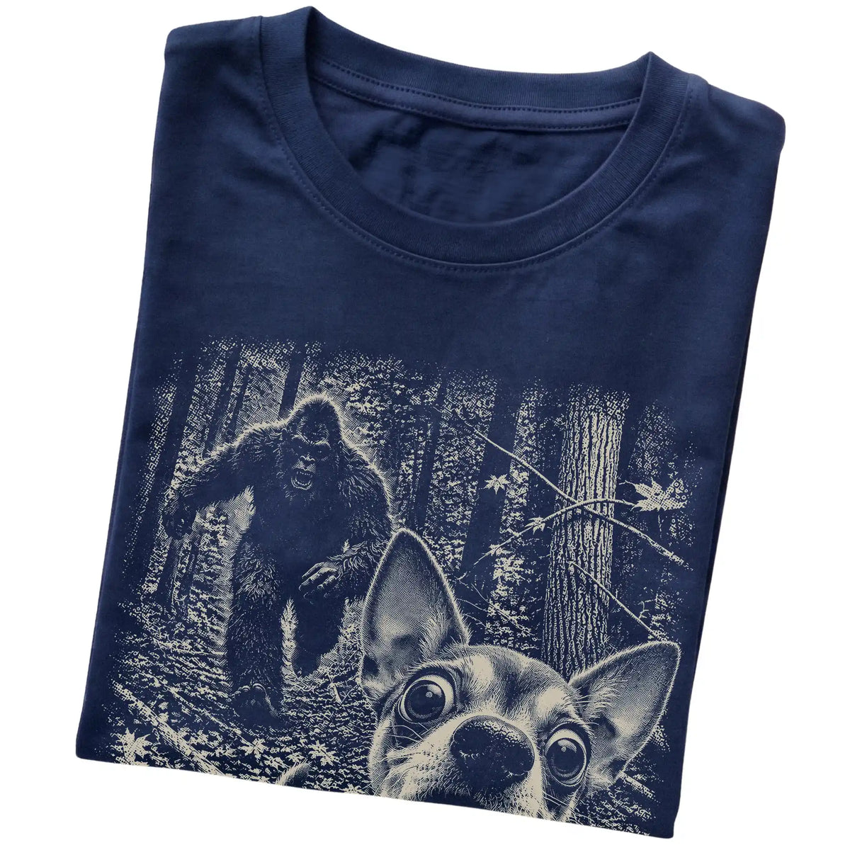 Navy Chihuahua Bigfoot selfie T-shirt, close-up view