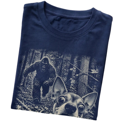 Navy Chihuahua Bigfoot selfie T-shirt, close-up view