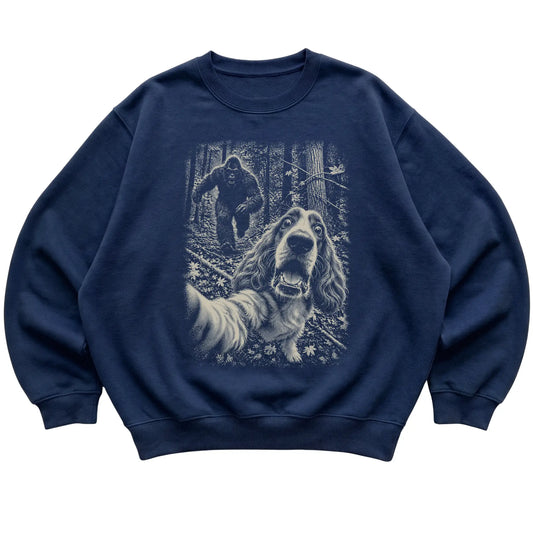 Navy Cocker Spaniel Bigfoot selfie sweatshirt, full garment view