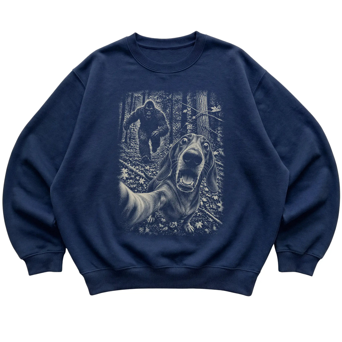 Navy Dachshund Bigfoot selfie sweatshirt, full garment view