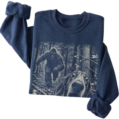 Navy Dachshund Bigfoot selfie sweatshirt, close-up view
