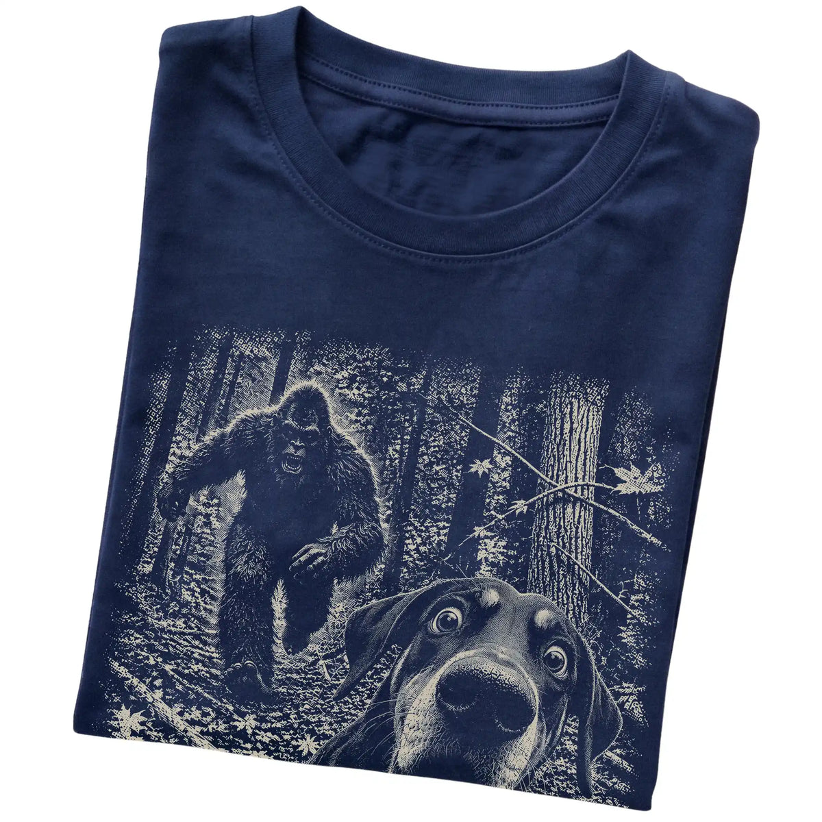 Navy Doberman Bigfoot selfie T-shirt, close-up view