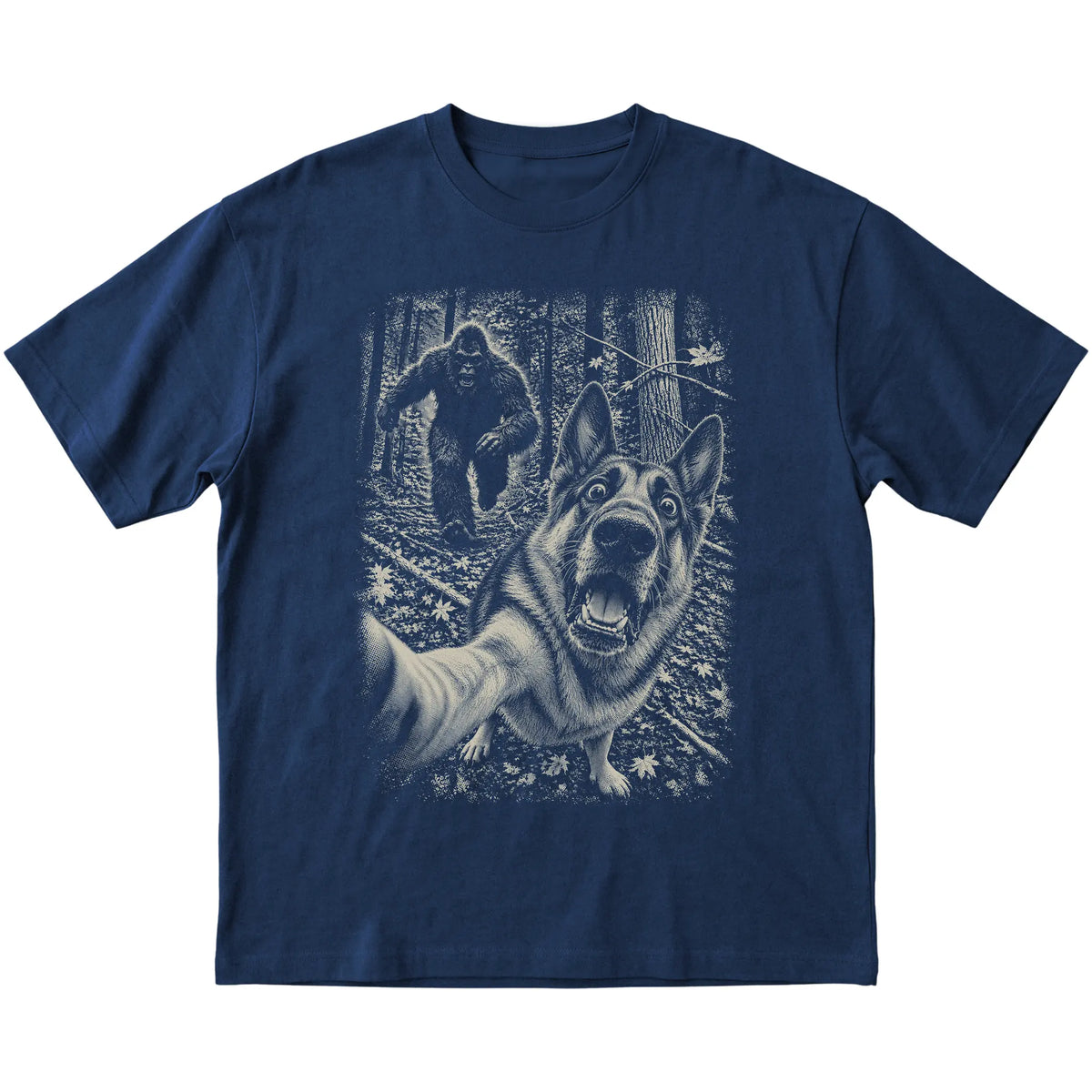 Navy German Shepherd Bigfoot selfie T-shirt, full garment view