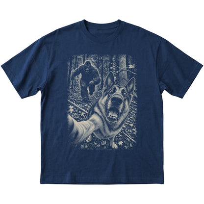Navy German Shepherd Bigfoot selfie T-shirt, full garment view