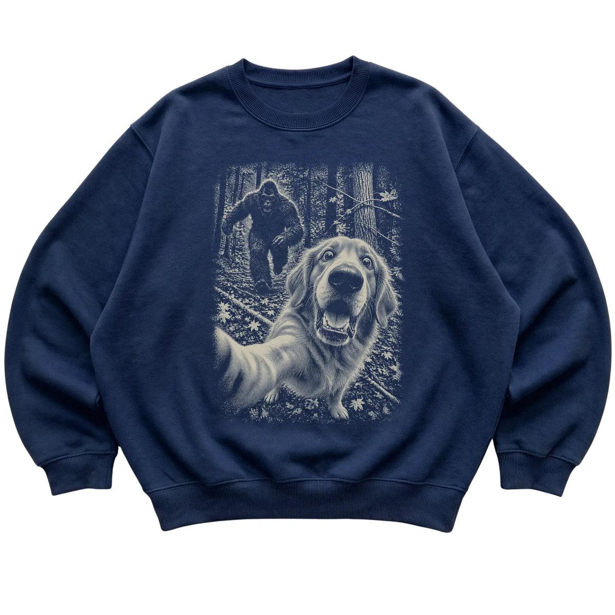 Navy Golden Retriever Bigfoot selfie sweatshirt, full garment view