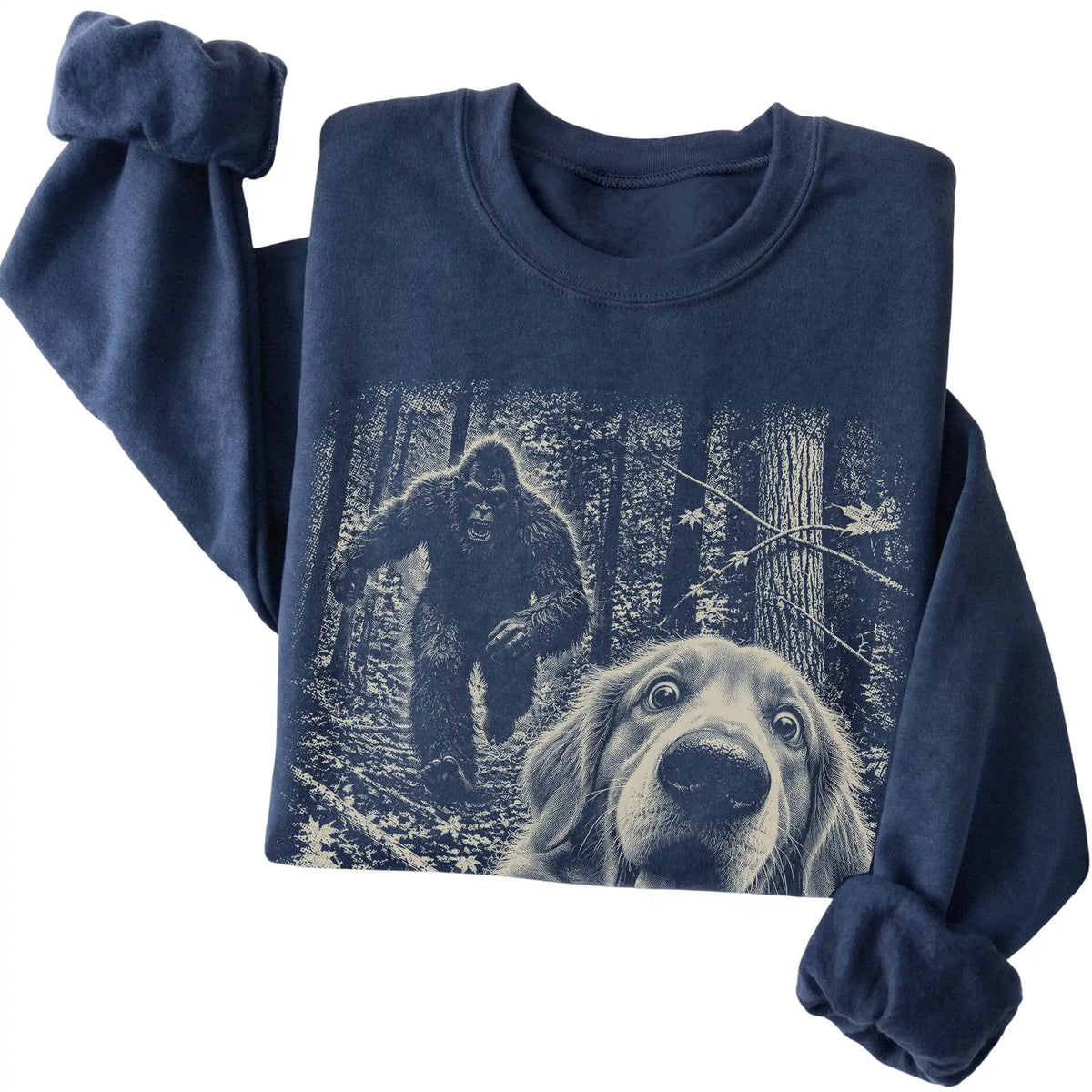 Navy Golden Retriever Bigfoot selfie sweatshirt, close-up view