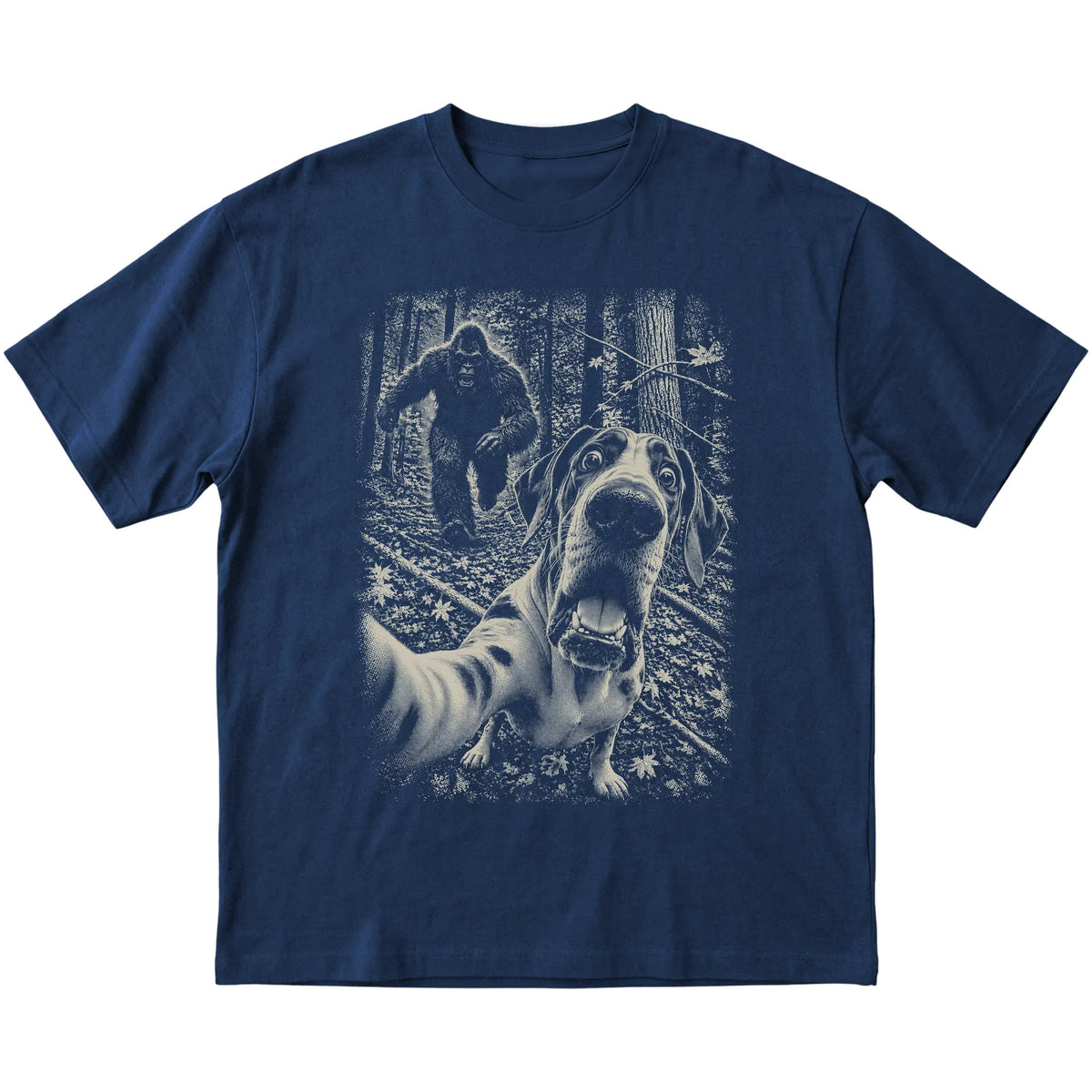 Navy Great Dane Bigfoot selfie T-shirt, full garment view