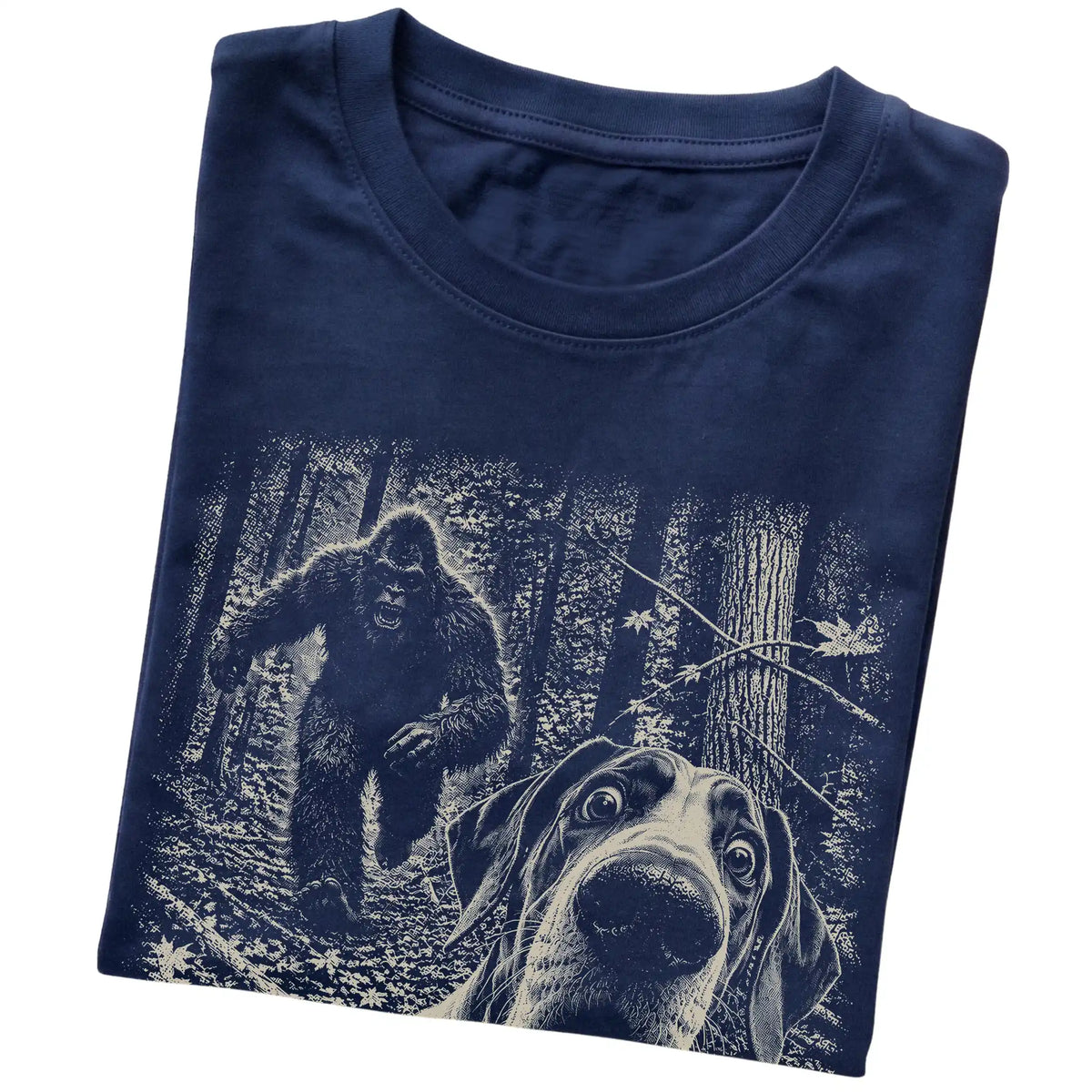 Navy Great Dane Bigfoot selfie T-shirt, close-up view
