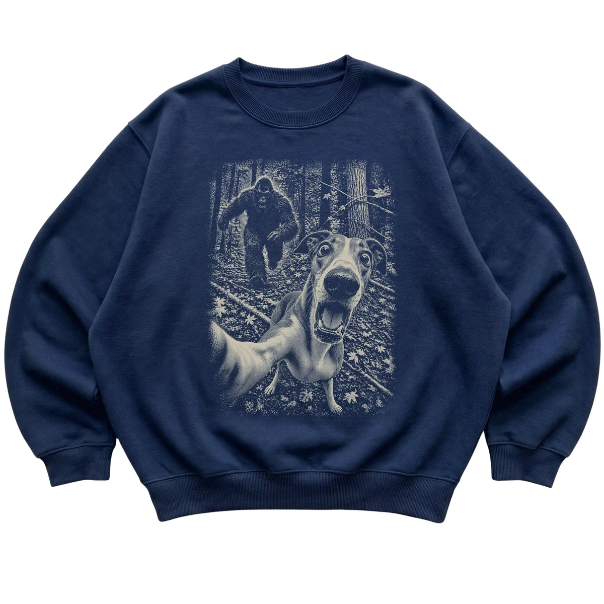 Navy Greyhound Bigfoot selfie sweatshirt, full garment view