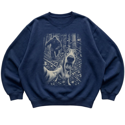 Navy Greyhound Bigfoot selfie sweatshirt, full garment view