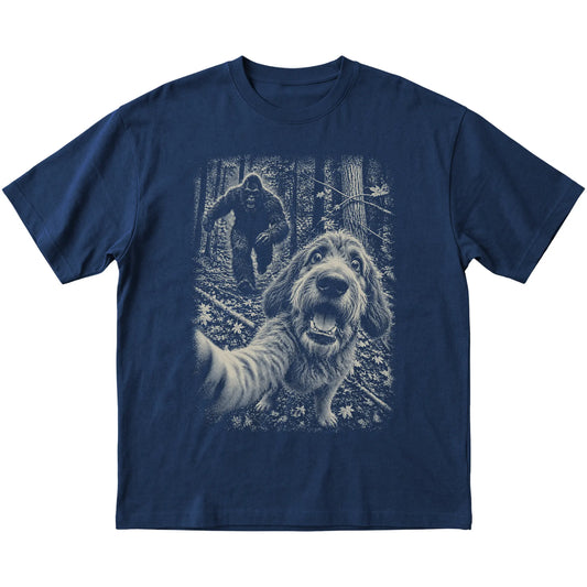 Navy Labradoodle Bigfoot selfie T-shirt, full garment view