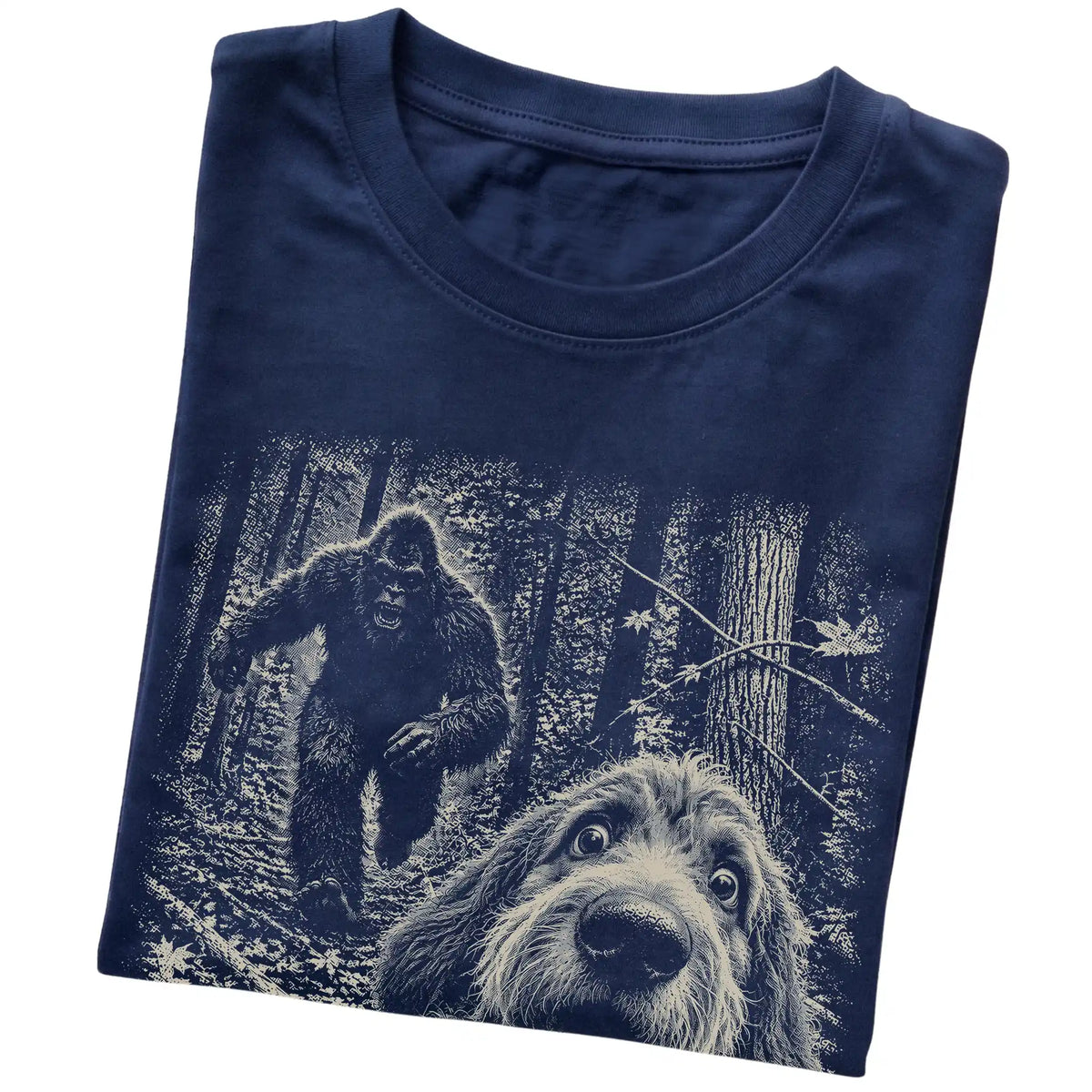 Navy Labradoodle Bigfoot selfie T-shirt, close-up view
