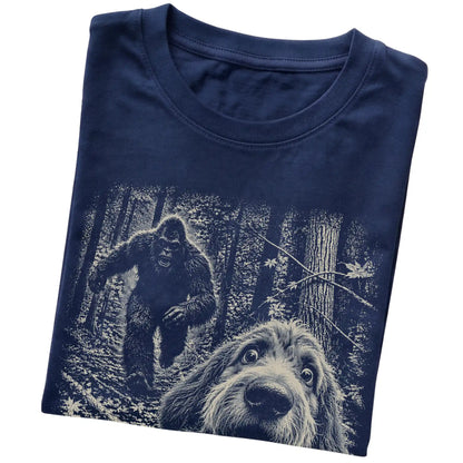 Navy Labradoodle Bigfoot selfie T-shirt, close-up view