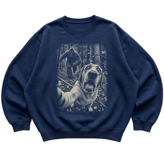 Navy Labrador Retriever Bigfoot selfie sweatshirt, full garment view