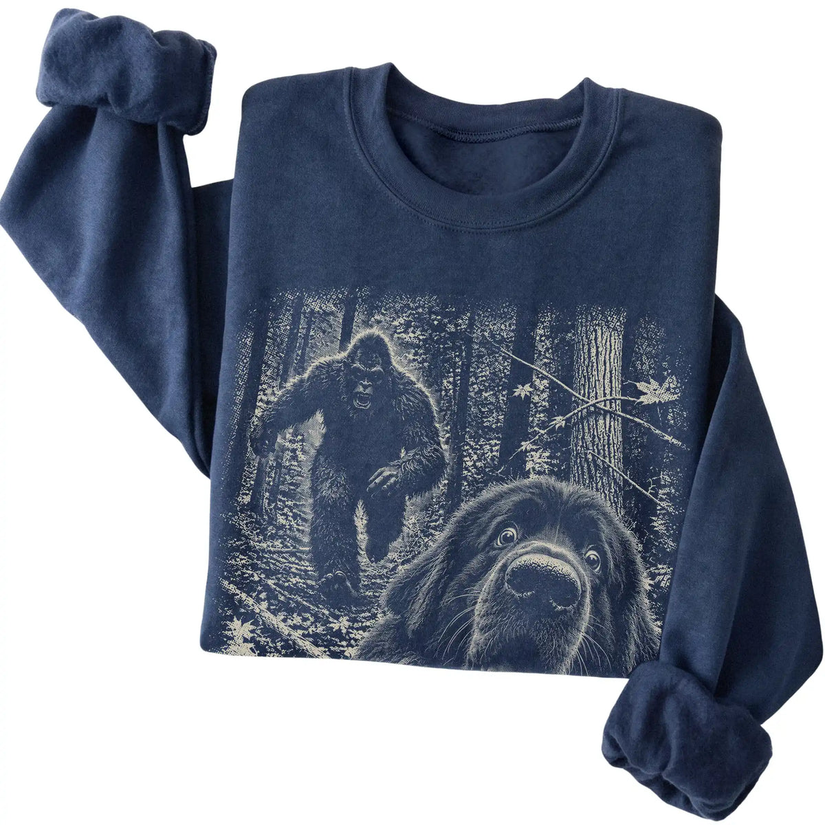 Navy Newfie Bigfoot selfie sweatshirt, close-up view